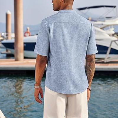 Men's Casual Henley Shirt Short Sleeve Band Collar Linen Shirt Summer Beach Hippie T-Shirts