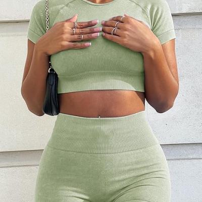 Womens Workout Sets 2 Piece - Seamless Acid Wash Yoga Outfits Shorts and Crop Top Matching Gym Athletic Clothing Set