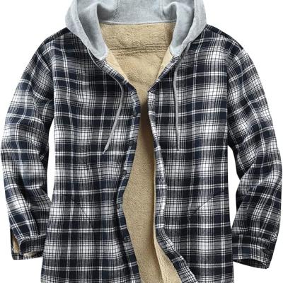 Men's Cotton Plaid Shirts Jacket Fleece Lined Flannel Shirts Sherpa Button Down Jackets with Hood for Men