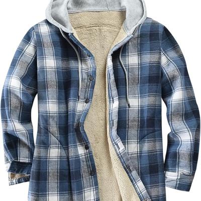 Men's Cotton Plaid Shirts Jacket Fleece Lined Flannel Shirts Sherpa Button Down Jackets with Hood for Men