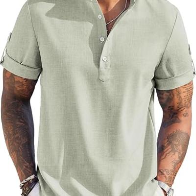 Men's Casual Henley Shirt Short Sleeve Band Collar Linen Shirt Summer Beach Hippie T-Shirts