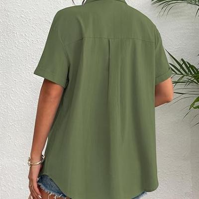 Womens Button Down Linen Shirt Short Sleeve Cotton Blouse Summer Casual Loose Fit Beach Tops