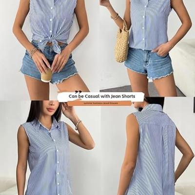 Womens Sleeveless Button Down Shirt Tops V Neck Business Casual Collared Blouses Tank Top