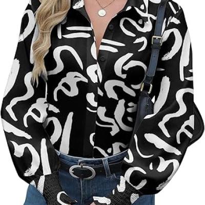 Womens Button Down Shirts Smocked Cuffed Blouse Printed Lantern Shirt Long Sleeve Top Collar Business Fashion