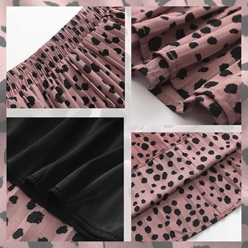 Womens Skirt Leopard Print Midi Long Shirring Pleated Skirts High Waisted A Line Skirts