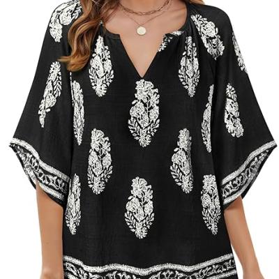 Womens 3/4 Sleeve V Neck Bohemian Peasant Blouses Casual Loose Fit Tunic Tops