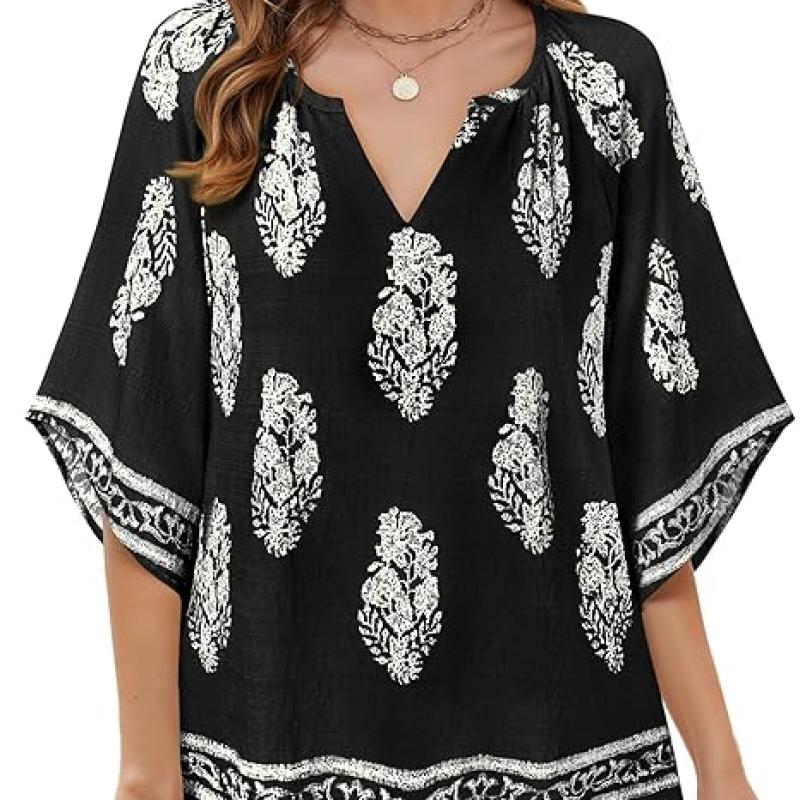 Womens 3/4 Sleeve V Neck Bohemian Peasant Blouses Casual Loose Fit Tunic Tops
