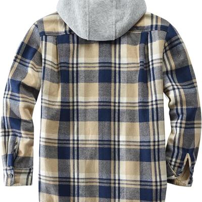 Men's Cotton Plaid Shirts Jacket Fleece Lined Flannel Shirts Sherpa Button Down Jackets with Hood for Men