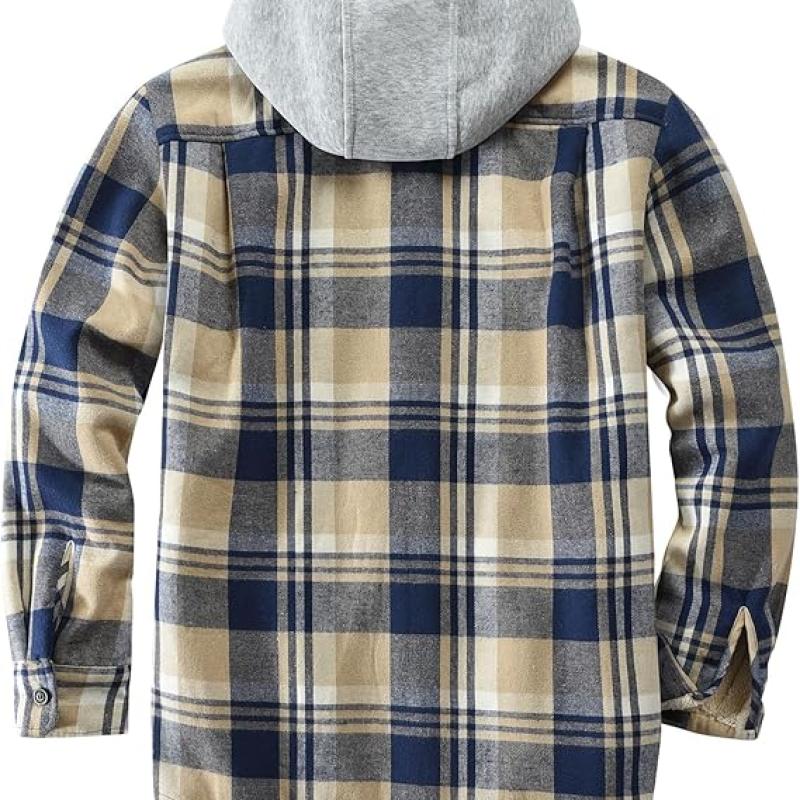 Men's Cotton Plaid Shirts Jacket Fleece Lined Flannel Shirts Sherpa Button Down Jackets with Hood for Men