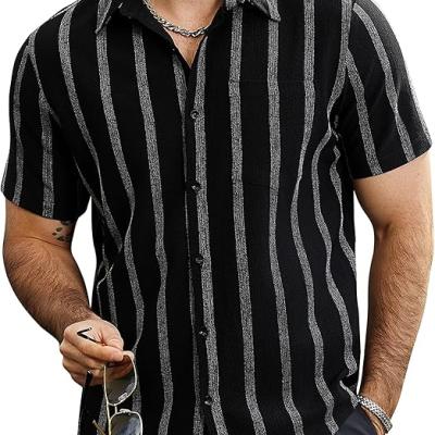 Mens Summer Striped Shirts Button Down Short Sleeve Vintage Beach Hawaiian Shirts with Pocket