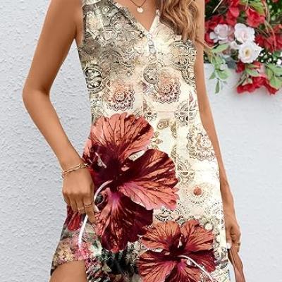 Summer Dresses for Women 2024 Beach Loose Casual A Line Dress Sleeveless V-Neck Sundress with Pockets