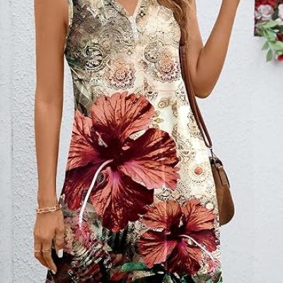 Summer Dresses for Women 2024 Beach Loose Casual A Line Dress Sleeveless V-Neck Sundress with Pockets