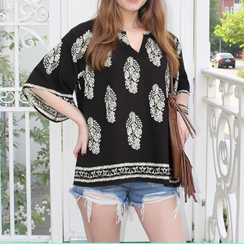 Womens 3/4 Sleeve V Neck Bohemian Peasant Blouses Casual Loose Fit Tunic Tops