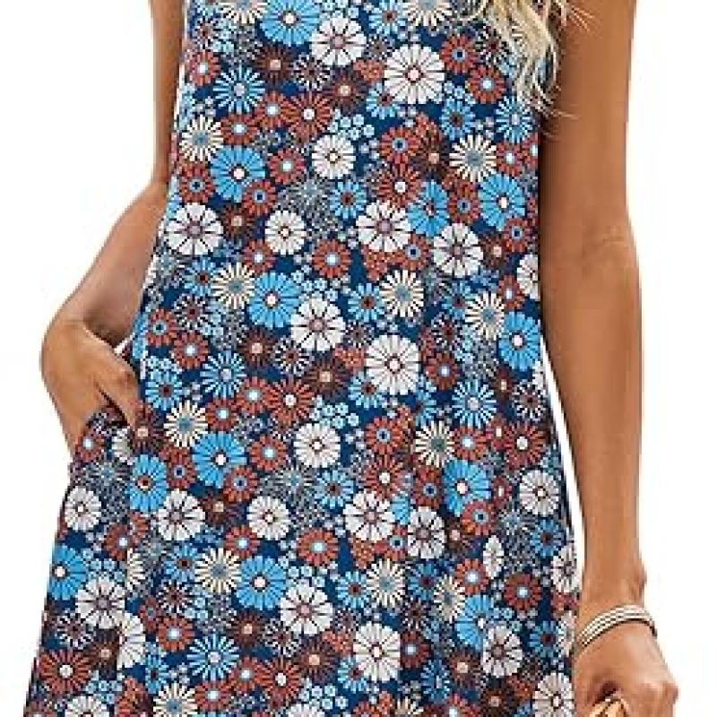 Summer Dresses for Women Beach Floral Tshirt Sundress Casual Pockets Boho Tank Dress