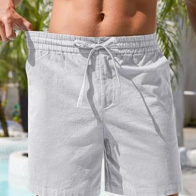 Mens Cotton Linen Shorts Casual Drawstring 7inch Inseam Shorts Stretch Summer Beach Wear