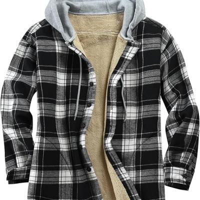Men's Cotton Plaid Shirts Jacket Fleece Lined Flannel Shirts Sherpa Button Down Jackets with Hood for Men