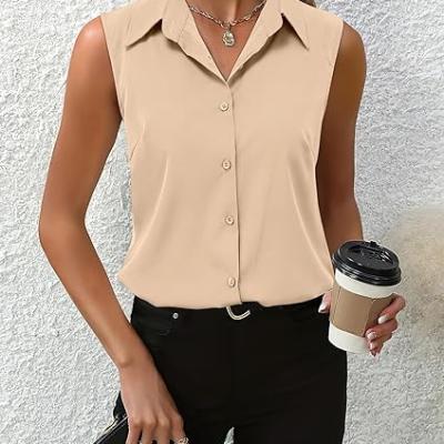 Womens Sleeveless Button Down Shirt Tops V Neck Business Casual Collared Blouses Tank Top