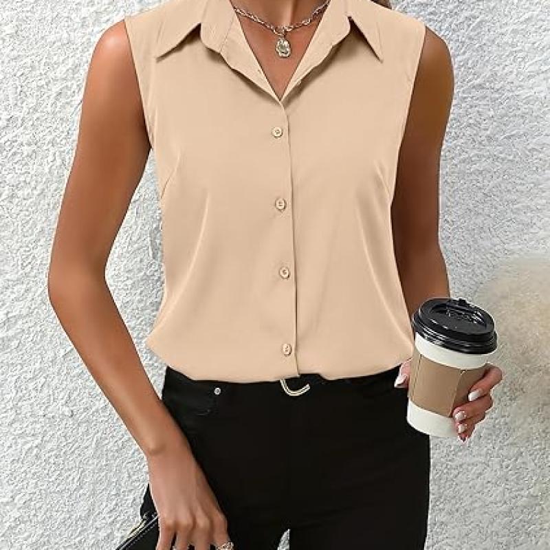 Womens Sleeveless Button Down Shirt Tops V Neck Business Casual Collared Blouses Tank Top