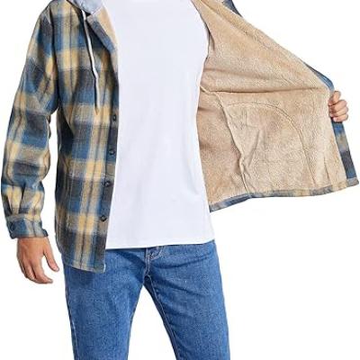 Men's Cotton Plaid Shirts Jacket Fleece Lined Flannel Shirts Sherpa Button Down Jackets with Hood for Men