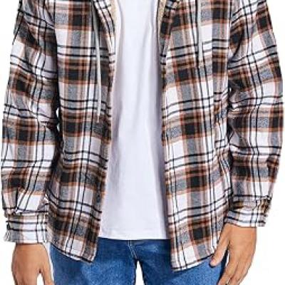 Men's Cotton Plaid Shirts Jacket Fleece Lined Flannel Shirts Sherpa Button Down Jackets with Hood for Men