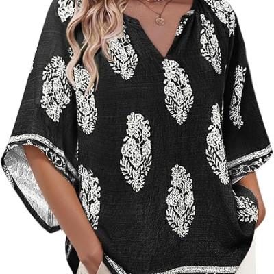 Womens 3/4 Sleeve V Neck Bohemian Peasant Blouses Casual Loose Fit Tunic Tops
