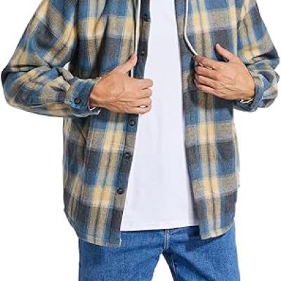 Men's Cotton Plaid Shirts Jacket Fleece Lined Flannel Shirts Sherpa Button Down Jackets with Hood for Men