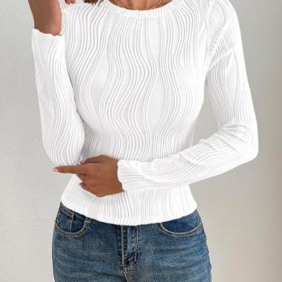 Women's Tops 2025 Cute Long Sleeve Crewneck Blouses Plain Slim Fit Fall Shirts Textured Knit Basic T Shirts