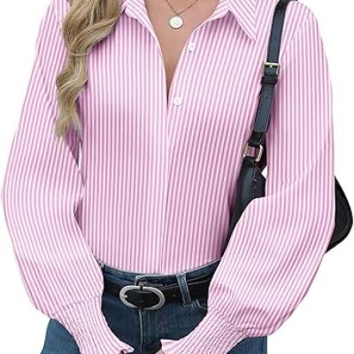 Womens Button Down Shirts Smocked Cuffed Blouse Printed Lantern Shirt Long Sleeve Top Collar Business Fashion
