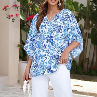 Womens 3/4 Sleeve V Neck Bohemian Peasant Blouses Casual Loose Fit Tunic Tops