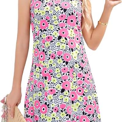 Women's Summer Dresses 2025 Casual Sleeveless Boho Beach Dress Scoop Neck T-Shirt Floral Sundress with Pocket