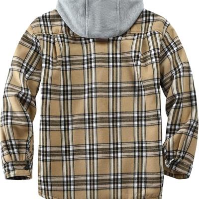 Men's Cotton Plaid Shirts Jacket Fleece Lined Flannel Shirts Sherpa Button Down Jackets with Hood for Men