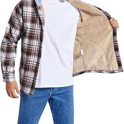Men's Cotton Plaid Shirts Jacket Fleece Lined Flannel Shirts Sherpa Button Down Jackets with Hood for Men