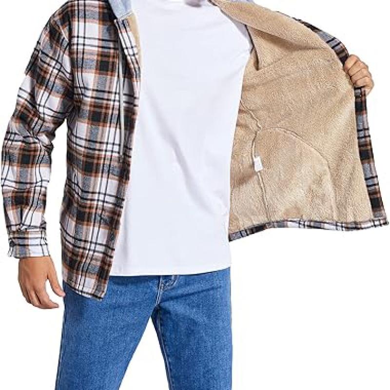 Men's Cotton Plaid Shirts Jacket Fleece Lined Flannel Shirts Sherpa Button Down Jackets with Hood for Men