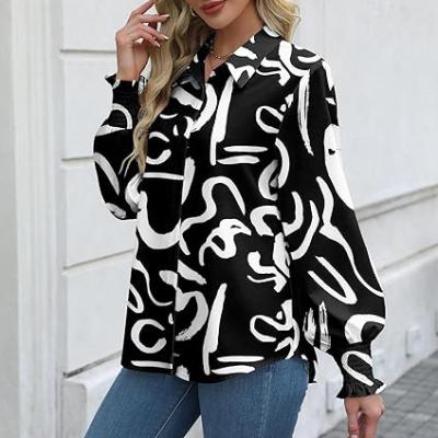 Womens Button Down Shirts Smocked Cuffed Blouse Printed Lantern Shirt Long Sleeve Top Collar Business Fashion