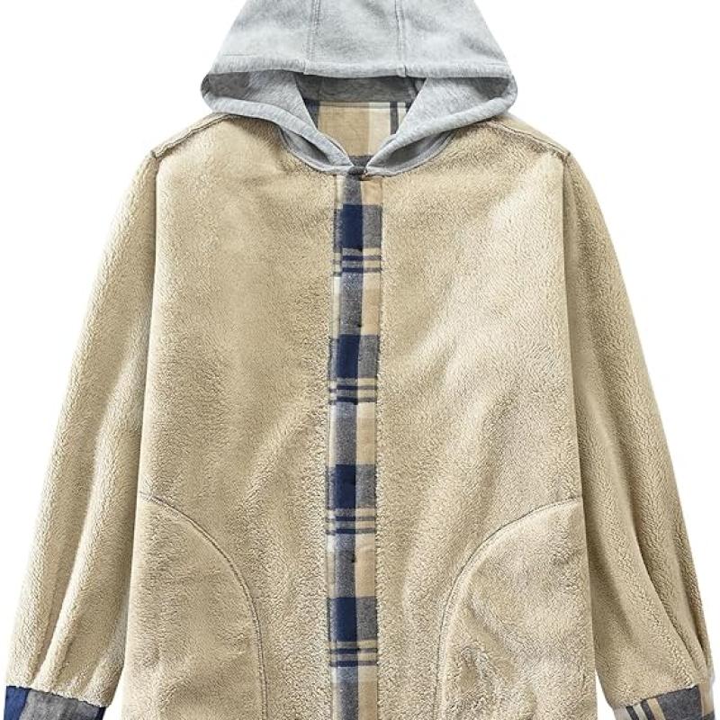 Men's Cotton Plaid Shirts Jacket Fleece Lined Flannel Shirts Sherpa Button Down Jackets with Hood for Men