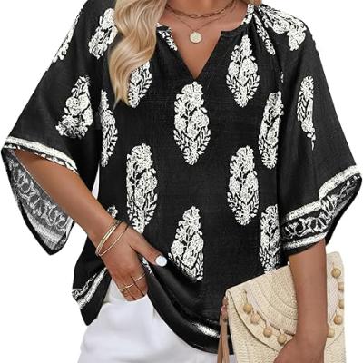 Womens 3/4 Sleeve V Neck Bohemian Peasant Blouses Casual Loose Fit Tunic Tops