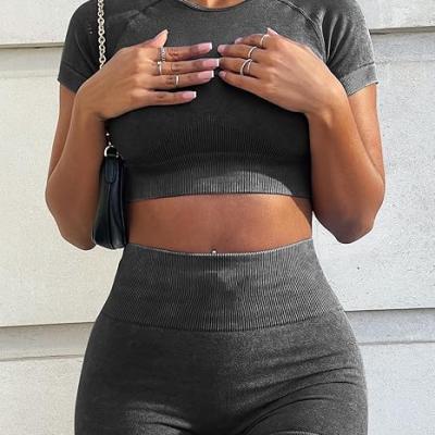 Womens Workout Sets 2 Piece - Seamless Acid Wash Yoga Outfits Shorts and Crop Top Matching Gym Athletic Clothing Set