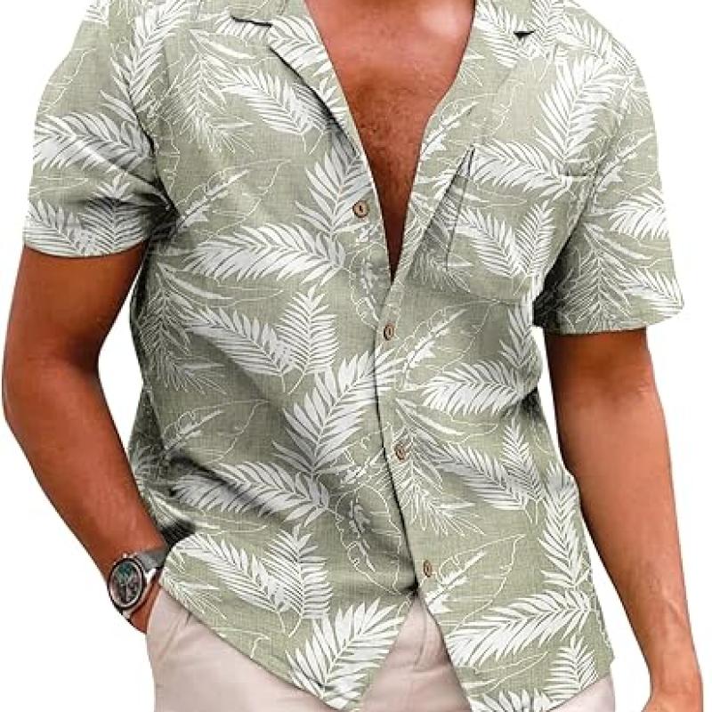 Men's Hawaiian Floral Shirts Cotton Linen Button Down Tropical Holiday Beach Shirts