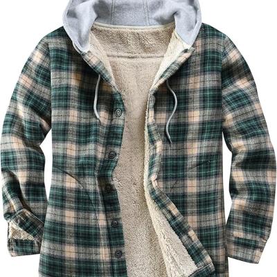 Men's Cotton Plaid Shirts Jacket Fleece Lined Flannel Shirts Sherpa Button Down Jackets with Hood for Men