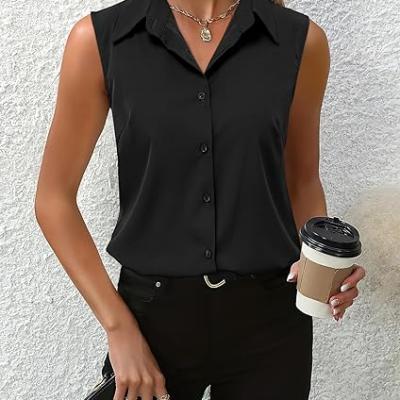 Womens Sleeveless Button Down Shirt Tops V Neck Business Casual Collared Blouses Tank Top