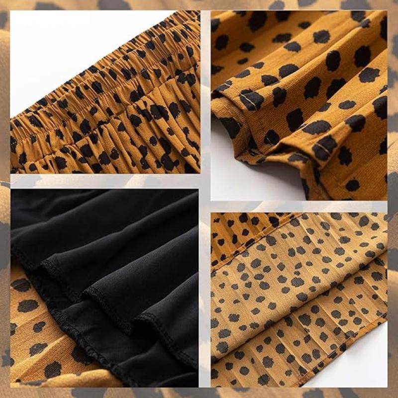 Womens Skirt Leopard Print Midi Long Shirring Pleated Skirts High Waisted A Line Skirts