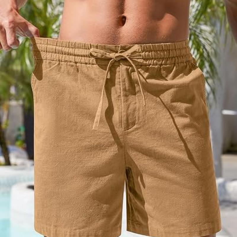 Mens Cotton Linen Shorts Casual Drawstring 7inch Inseam Shorts Stretch Summer Beach Wear