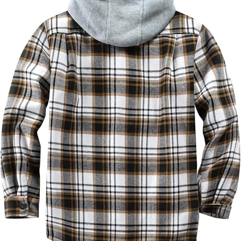 Men's Cotton Plaid Shirts Jacket Fleece Lined Flannel Shirts Sherpa Button Down Jackets with Hood for Men
