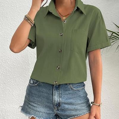 Womens Button Down Linen Shirt Short Sleeve Cotton Blouse Summer Casual Loose Fit Beach Tops