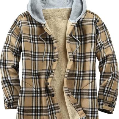 Men's Cotton Plaid Shirts Jacket Fleece Lined Flannel Shirts Sherpa Button Down Jackets with Hood for Men