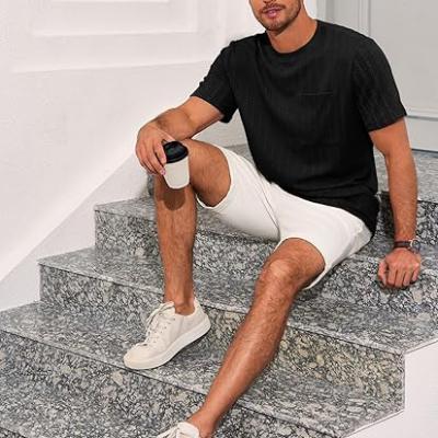 Mens Short Sleeve T-Shirts Casual Knit Texture Crewneck Pocket Tee Tops Loose Fit Summer Shirt