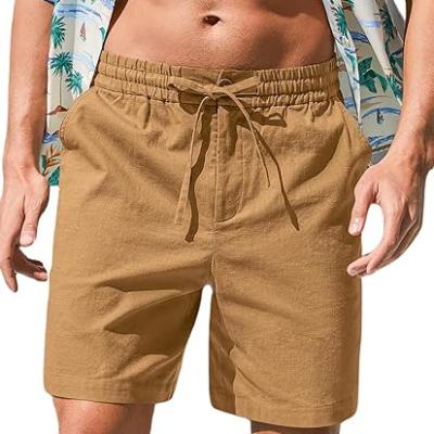 Mens Cotton Linen Shorts Casual Drawstring 7inch Inseam Shorts Stretch Summer Beach Wear