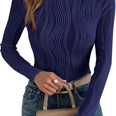 Women's Tops 2025 Cute Long Sleeve Crewneck Blouses Plain Slim Fit Fall Shirts Textured Knit Basic T Shirts