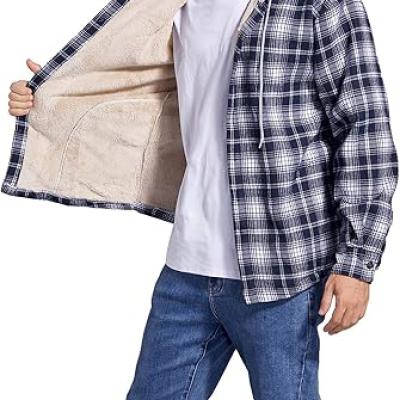 Men's Cotton Plaid Shirts Jacket Fleece Lined Flannel Shirts Sherpa Button Down Jackets with Hood for Men