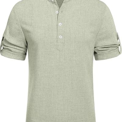 Men's Casual Henley Shirt Short Sleeve Band Collar Linen Shirt Summer Beach Hippie T-Shirts